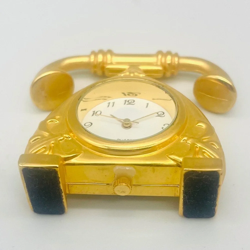 Collezio Telephone Miniature Clock Gold Tone Vintage Style Desk 1.75